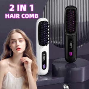 2-in-1 Cordless Hair Straightener & Comb – Fast Heating, Portable, USB Rechargeable