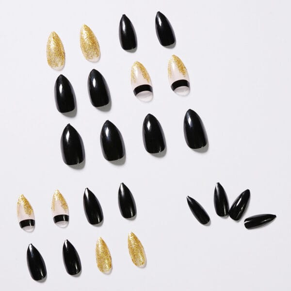 Black Gold Glitter Pointed Wear Nail Art Finished Fake Nails - Image 3