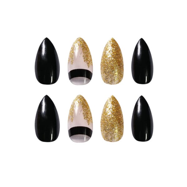 Black Gold Glitter Pointed Wear Nail Art Finished Fake Nails - Image 5