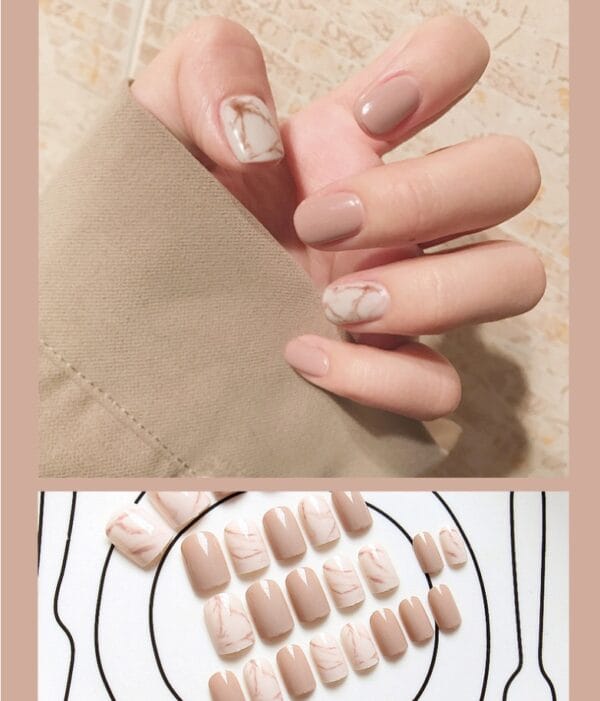 24pcs Light Khaki False Nails – Smudge Nude Acrylic Press On Nails | Glowora Beauty - Image 5