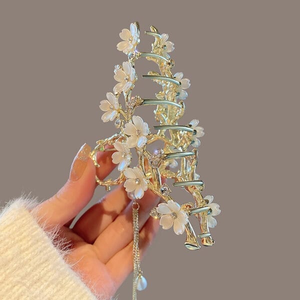 Large Metal Pearl Bell Orchid Tassel Hair Clip - Image 3