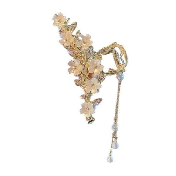 Large Metal Pearl Bell Orchid Tassel Hair Clip - Image 5