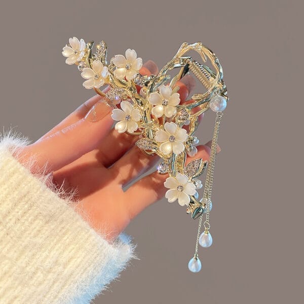 Large Metal Pearl Bell Orchid Tassel Hair Clip - Image 2